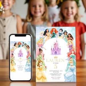 May include: A birthday invitation featuring watercolor illustrations of various princesses surrounding a pink castle. The invitation includes the name "LAUREN", the number "5", and event details: date, time, location, and RSVP information.