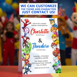 Puede incluir: Una invitación de cumpleaños con personajes de superhéroes y dibujos animados. La invitación incluye el texto "WE CAN CUSTOMIZE THE THEME AND CHARACTERS JUST CONTACT US!" y detalles para una doble celebración de cumpleaños para Charlotte y Theodore.