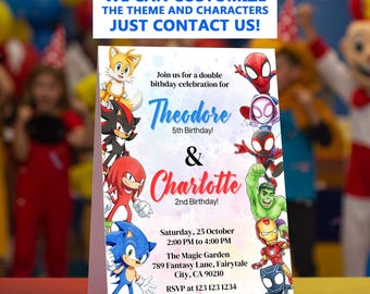 編集可能なスパイダーマンと彼の素晴らしい仲間たちとソニックの合同誕生日パーティー招待状テンプレート、デジタル誕生日パーティー招待状テンプレート