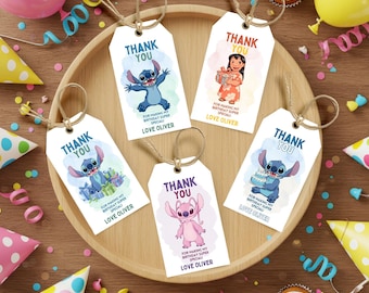 Editable Watercolor Lilo and Stitch Gift Tags, Happy Birthday Thank You Gift Tags, Printable And Editable