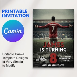 Invitation d'anniversaire Ronaldo thème des années 80 | Modèle de toile d'invitation d'anniversaire de football en téléchargement numérique pour garçons | Accès instantané