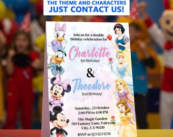 Editable Princess and Mickey Mouse joint Birthday party Invitation Template, Digital Birthday Party Invite Template, Boys & Girls Invite