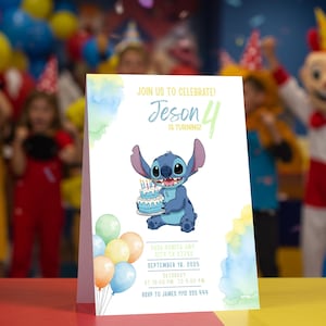 Modelo de convite de aniversário da Lilo e Stitch no Canva, convite para festa de menino, convite em aquarela para meninos, download digital, acesso instantâneo