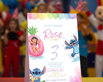Lilo and Stitch Pool Party Birthday Invitation Canva Template, Girl Party Invite, Pink Watercolor Editable Digital Download, Instant Access