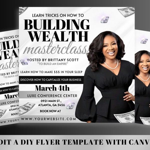 Wealth Masterclass Flyer, DIY Flyer Template Design, Wealth Building Flyer, Hair Lash Beauty Class Flyer, Premade Business Flyer