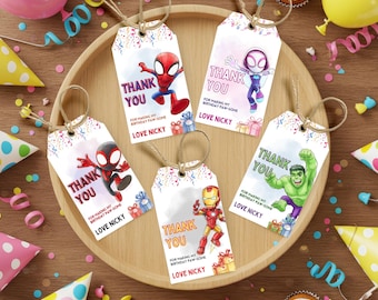 Spidey and friends Thank You Tags Template, Spidey and His Amazing Friends Favors, Editable Superhero favors, Spiderman tga Digital Download