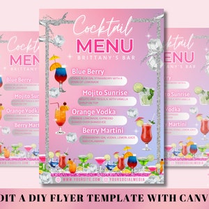 Ulotka z menu koktajlowym, projekt szablonu ulotki DIY, ulotka z menu barowym, ulotka barmana, znak z drinkami, gotowa ulotka na imprezę na Instagramie