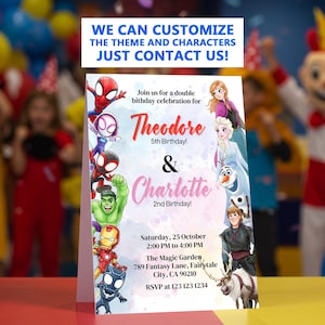 Redigerbar inbjudningsmall för gemensam födelsedagsfest med Frost och Spider-Man, digital födelsedagsfestinbjudan, inbjudan till pojkar och flickor