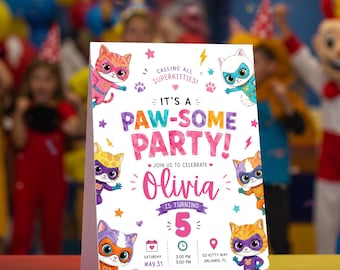 Superhero Cat Pool Party Invitation Template, Cat Birthday Invitation, Girl Pool Party Invite, Summer Birthday Canva Template
