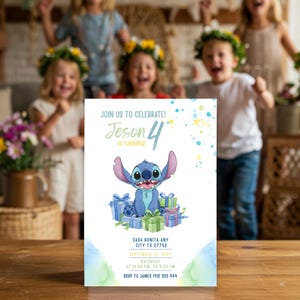Modèle de toile d'invitation d'anniversaire Lilo et Stitch, invitation à une fête pour garçon, invitation aquarelle pour garçons téléchargement numérique, accès instantané