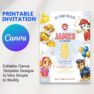 Modèle d'invitation d'anniversaire de chiot modifiable, invitations de fête d'anniversaire imprimables, modèle d'invitation de fête d'anniversaire numérique, invitation de garçons et de filles