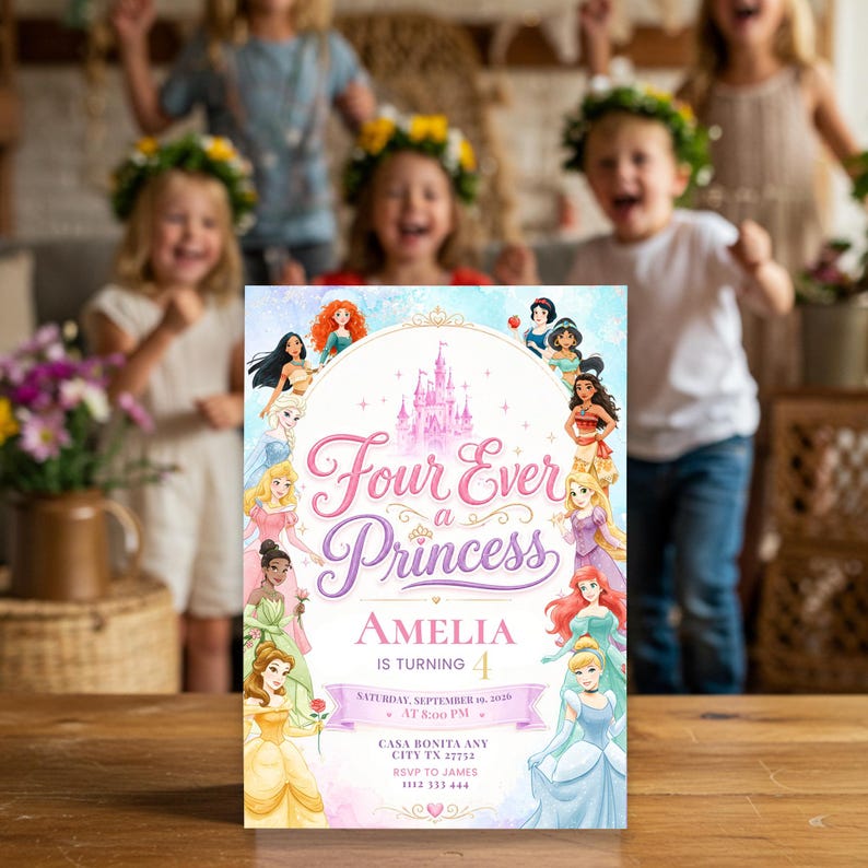 May include: A birthday invitation with a princess theme. The invitation features the text "Four Ever a Princess" and "Amelia is turning 4". The design includes illustrations of various princesses and a castle.