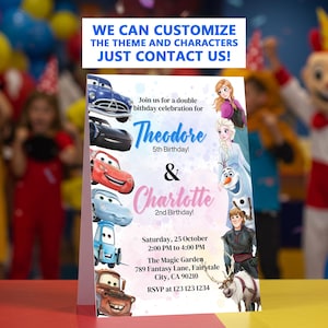 Könnte beinhalten: Eine individuelle Geburtstagseinladung mit Cars- und Frozen-Charakteren. Die Einladung enthält die Namen Theodore und Charlotte, das Datum, die Uhrzeit und den Ort der Party. Der Text oben lautet: "WIR KÖNNEN DAS THEMA UND DIE CHARAKTERE INDIVIDUALISIEREN, KONTAKTIEREN SIE UNS!"