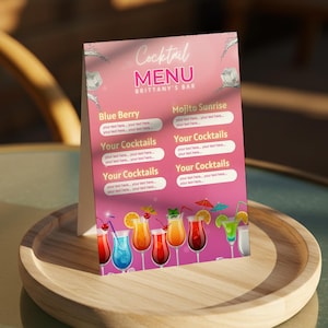 Edytowalny szablon menu koktajli i napojów dla barów i imprez | Ulotka menu napojów do druku | Pobierz cyfrowe menu baru