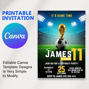 WM Fußball Geburtstagseinladung | Bearbeitbare Canva Vorlage für Jungen | Thema Fußball Party einladen | Digitaler Download Sofortiger Zugriff