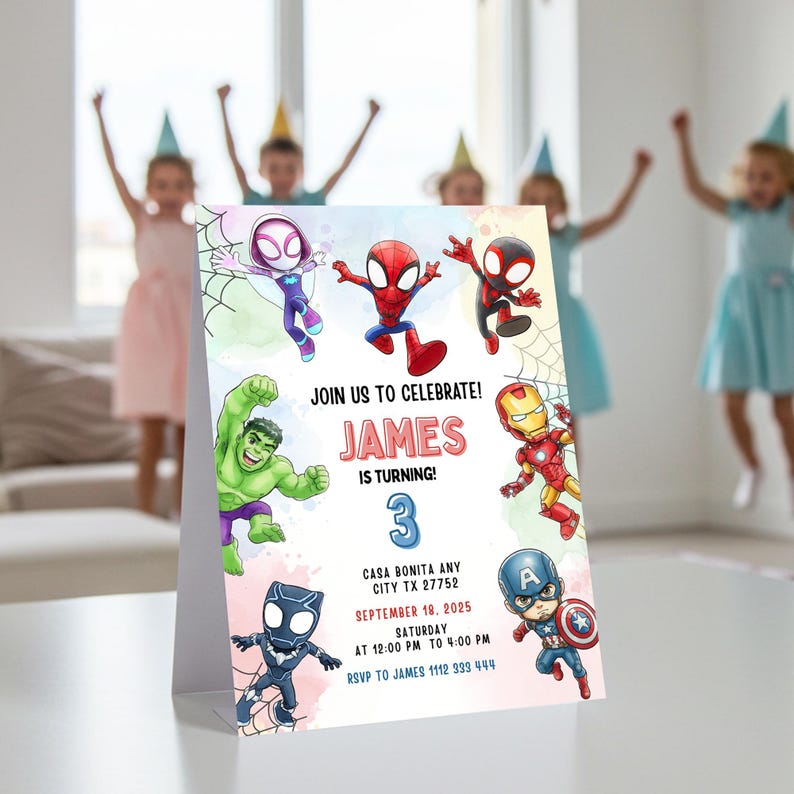 May include: A birthday party invitation featuring superhero characters. The invitation includes the text "JOIN US TO CELEBRATE! JAMES IS TURNING 3" with event details. The design includes illustrations of Spider-Man, Hulk, and Captain America.