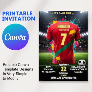 Modèle de toile de faire-part d'anniversaire de football | Invitation soirée à thème Ronaldo | Téléchargement numérique modifiable pour garçons | Accès instantané