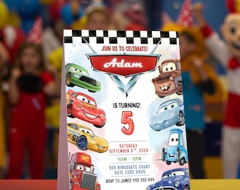 Cars verjaardagsuitnodiging, kinderverjaardagsuitnodiging, Lightning McQueen-uitnodiging, bewerkbare gepersonaliseerde digitale download van canva
