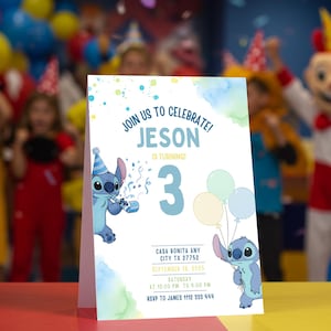 Modelo de convite de aniversário para menino Stitch Canva, convite para festa de menino, convite em aquarela para meninos, download digital, acesso instantâneo