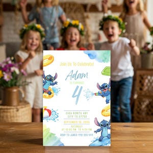 Modelo de convite para festa de aniversário com ponto na piscina Canva, convite para festa de menino, convite em aquarela para meninos, download digital, acesso instantâneo