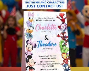 Editable Spidey and His Amazing Friends and Mickey Mouse joint Birthday party Invitation Template, Digital Birthday Party Invite Template