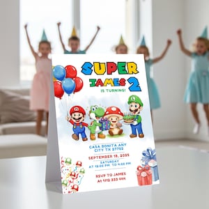 Faire-part d'anniversaire modifiable Super Mario pour garçons – Modèle imprimable sur toile avec Mario, Luigi, Yoshi et ses amis | Fête du jeu vidéo