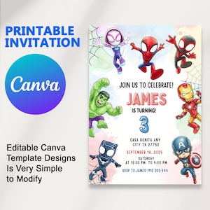May include: A printable invitation featuring various superhero characters. The design includes the text "PRINTABLE INVITATION" and "Canva". The invitation is for a birthday celebration, with the name "JAMES" and the age "3" prominently displayed.