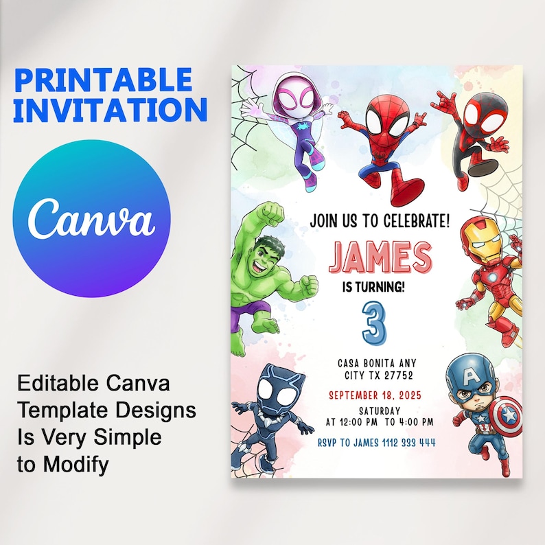 May include: A printable invitation featuring various superhero characters. The design includes the text "PRINTABLE INVITATION" and "Canva". The invitation is for a birthday celebration, with the name "JAMES" and the age "3" prominently displayed.