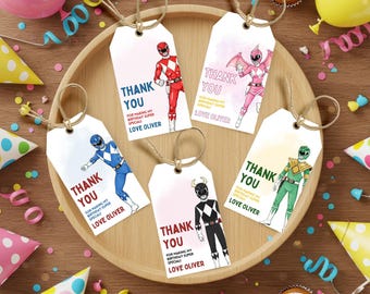 Power Rangers Thank You Tags Template, Mighty Morphin Birthday Party Favor SVG, Editable Kids Superhero Decor PNG, Cartoon Digital Download