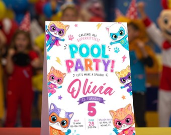 Superhero Cat Pool Party Invitation Template, Cat Birthday Invitation, Girl Pool Party Invite, Summer Birthday Canva Template