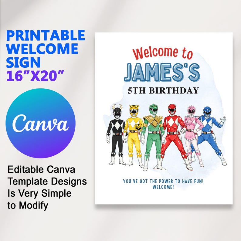 Power Rangers Welcome Sign Template – Editable Canva Birthday Party ...