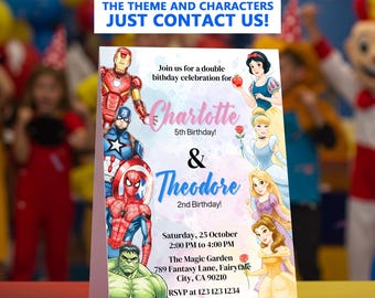 Editable Superhero and princess joint Birthday party Invitation Template, Digital Birthday Party Invite Template, Boys & Girls Invite