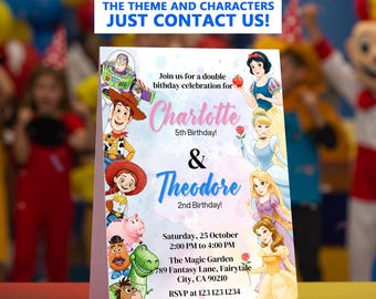 Convite de aniversário digital editável para festa conjunta de princesas e Toy Story, convite para festa de aniversário para meninos e meninas.