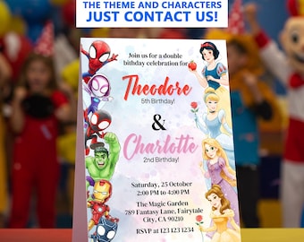 Editable Princess and Spidey and friends joint Birthday party Invitation Template, Digital Birthday Party Invite , Boys & Girls Invite