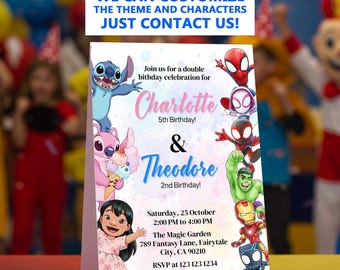 Plantilla de invitación editable para fiesta de cumpleaños conjunta de Spidey y sus increíbles amigos y Lilo y Stitch, plantilla de invitación digital para fiesta de cumpleaños.