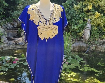 Moroccan Kaftan: Gold Embroidered, Soft Beach Cover-Up (Sizes 8-14)