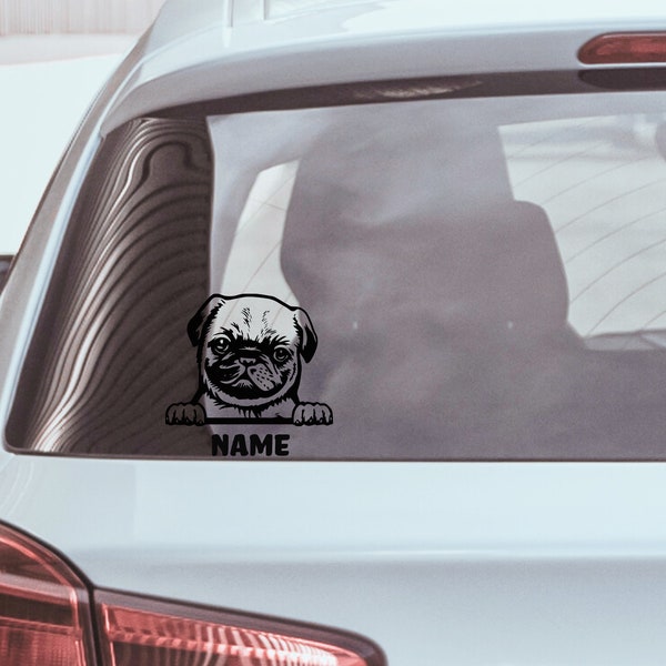 Pug Custom Name Dog Decal, Car Decal, Dog Face, Dogs, Vinyl, Personalized Dog Decal, Laptop, Hydroflask, Phone, Sticker