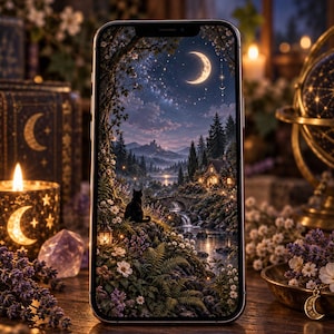 May include: A smartphone displaying a digital illustration of a night landscape with a crescent moon, a starry sky, a dark cat sitting on a hill, a flowing stream, a stone bridge, and a small cottage nestled among trees and flowers.