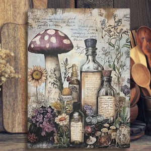Mushroom Apothecary Glass Cutting Board, Witchy Kitchen Decor