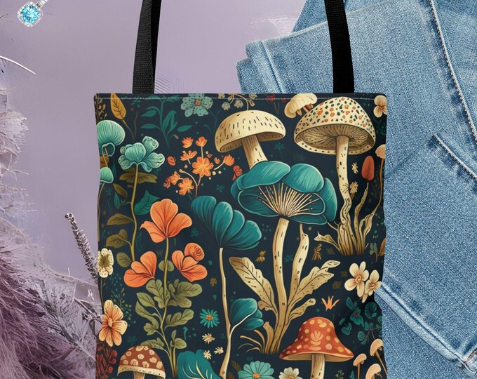 Whimsical Floral Mushroom Tote Bag Boho Chic Style Perfect for Shopping Beach Days Eco-Friendly Gift Mushroom Print Design