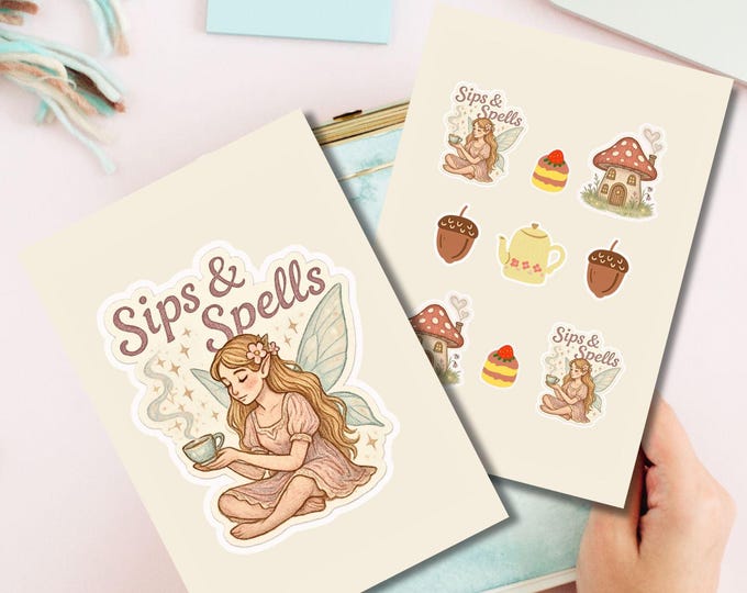 Sips and Spells Fairy Sticker Fairycore Digital Download PNG Printable Sticker Sheet for Journals Planners & Crafting