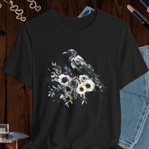 Floral Raven T-shirt: Witchy Botanical Bird Tee