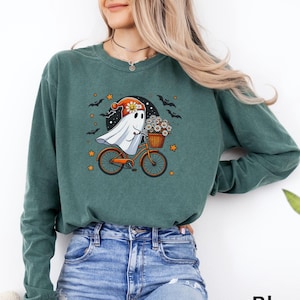 Ghost on Bicycle Long Sleeve T-Shirt Halloween T-shirt Autumn Fall Tee Clothing Ghost Cute Halloween