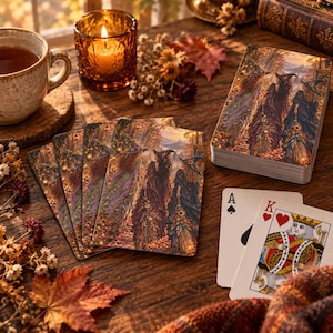May include: A deck of playing cards featuring an illustration of figures in witch hats and cloaks amidst an autumn forest, alongside an ace of spades and a king of hearts card. A lit candle in a glass holder and dried flowers are nearby.