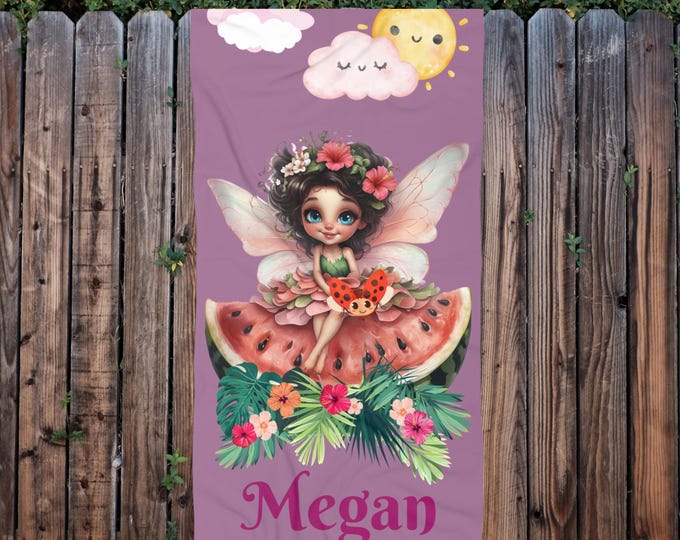 Personalized Beach Towel Custom Ladybug Fairy Towel Watermelon Beach Blanket Kids Sand Mat Gift for Child