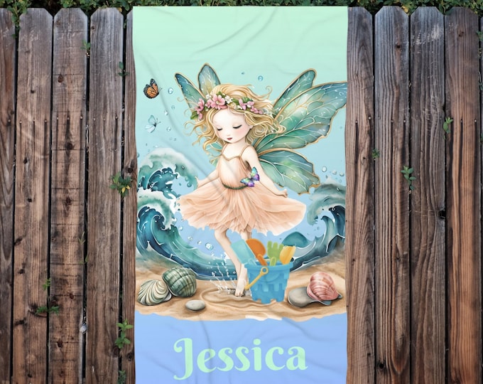 Personalized Fairy Beach Towel Custom Name Towel with Fairy & Seashells Soft Cotton-Blend for Kids Whimsical Beach Gift