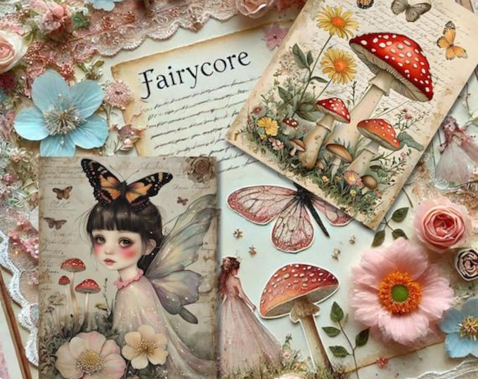 Cottagecore Butterflies Mushrooms Collage Sheets + Monthly Mood Tracker Aesthetic Printable Journal Pages Scrapbooking Journal Mood Planner