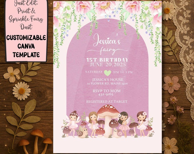 Editable Fairy Birthday Invitation Canva Template Fairycore Woodland Party Invite Printable Girl Birthday Cottagecore Editable Invite