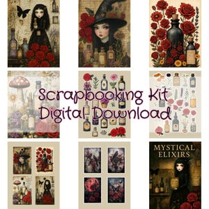 May include: A digital scrapbook kit featuring illustrations of gothic-style girls, roses, potion bottles, and butterflies. The text "Scrapbooking Kit Digital Download" is displayed in the center. The overall color scheme is dark with red and black accents.