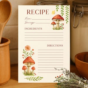 Cartão de Receita Cottagecore para Imprimir | Papelaria de Cozinha com Cogumelos | Assadeira Fairycore | PDF Rústico com Inspiração Vintage | Download Digital